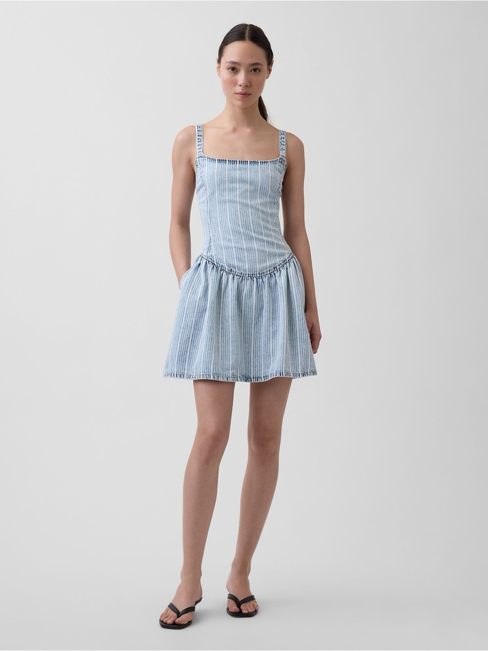GAP UltraSoft Denim Stripe Drop-Waist Mini Dress indigo striped light wash